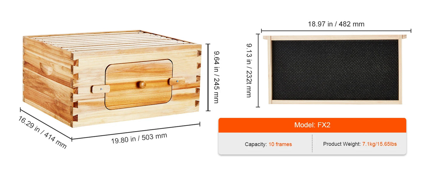 SucceBuy Bee Hive Deep Box Starter Kit 100% Beeswax Coated Natural Cedar Wood Langstroth Beehive Kit Transparent Acrylic