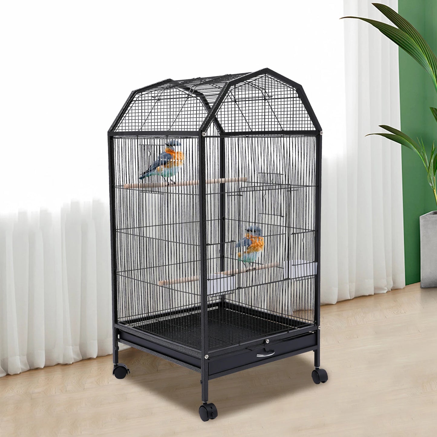 Large 18"x18"x40" Bird Cage with Stand&Wheels 360° View Skylight Top for Parakeet Finch Canary Cockatiel Black Iron Pet House