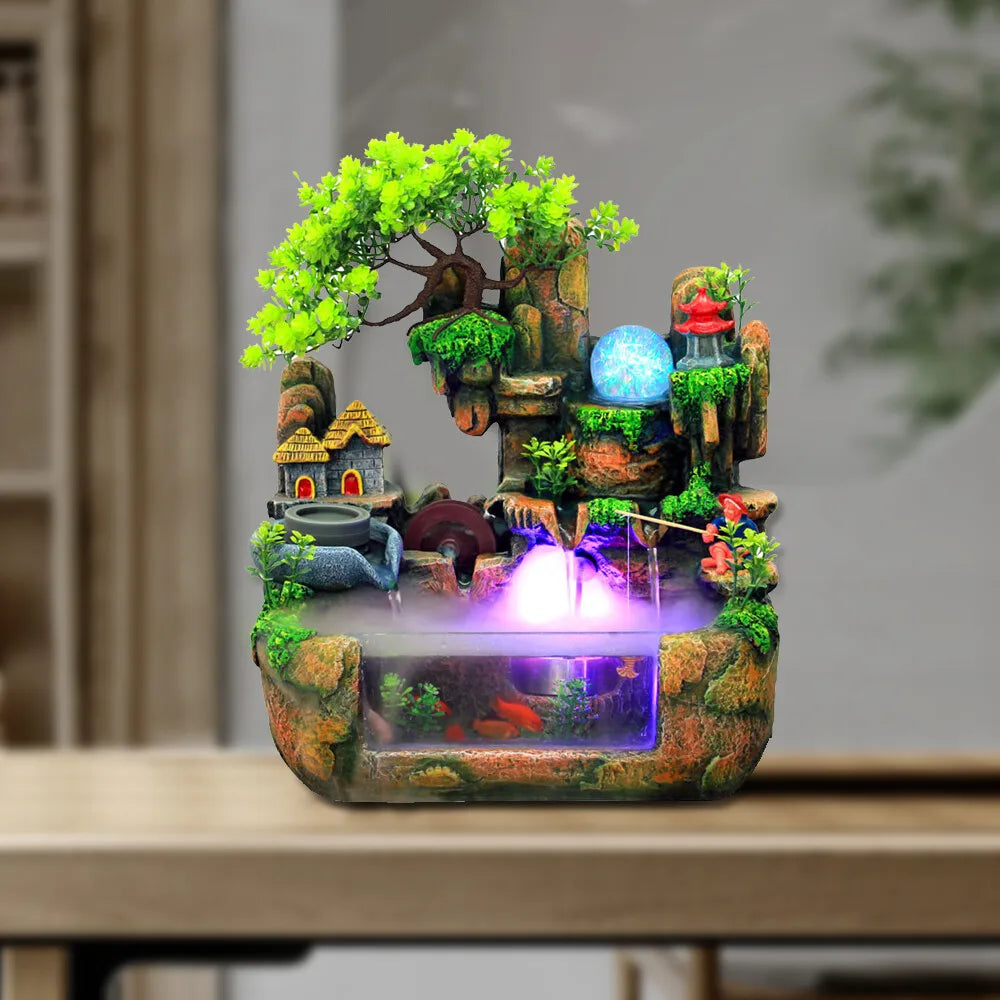 Indoor LED Water Fountain With Mist Resin Rockery Waterfall