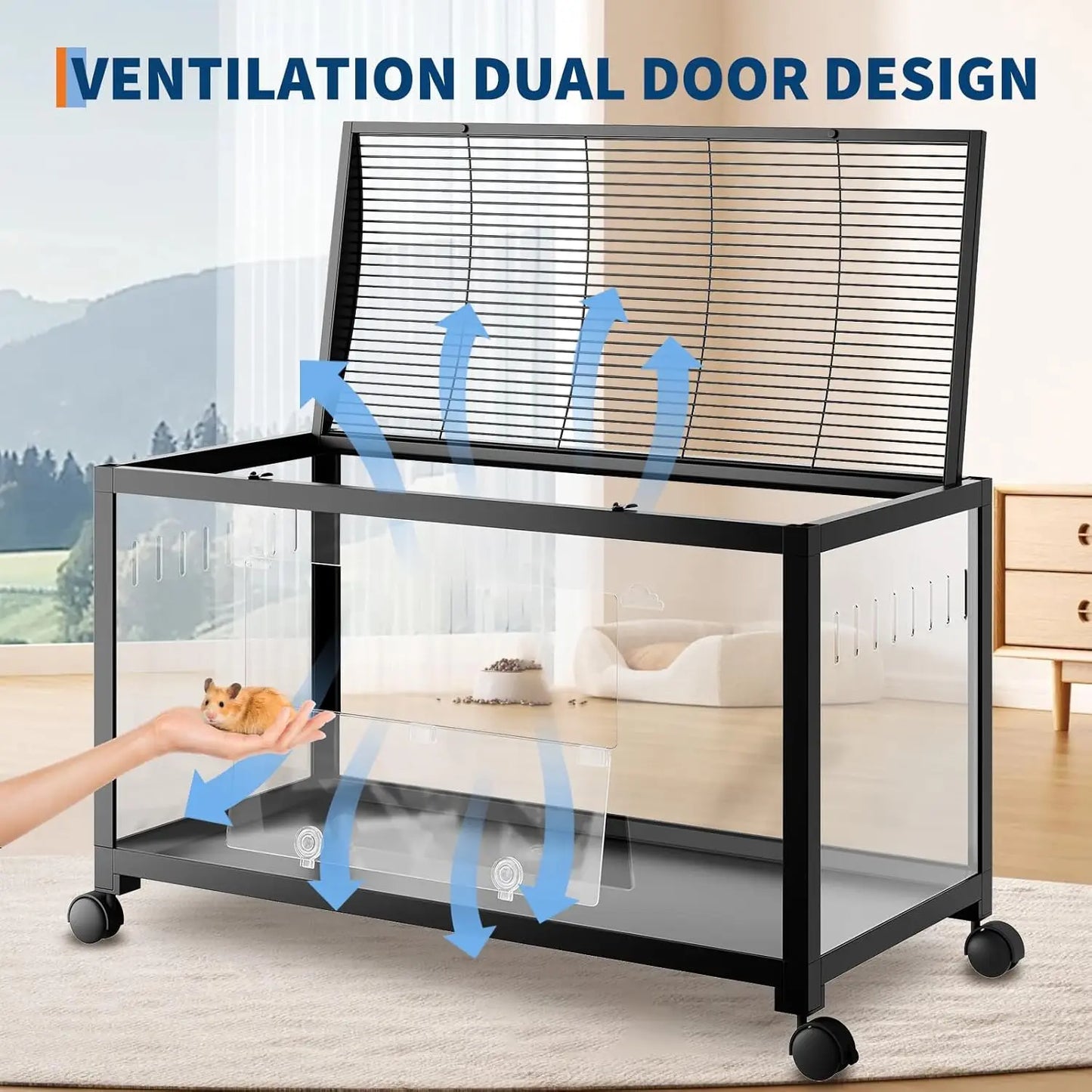 Hamster Cage with Wheels, 37.8" Metal & Acrylic Habitat for Hamster, Guinea Pig, Gerbil, Mice Chew-Proof  Easy Clean Dual Doors