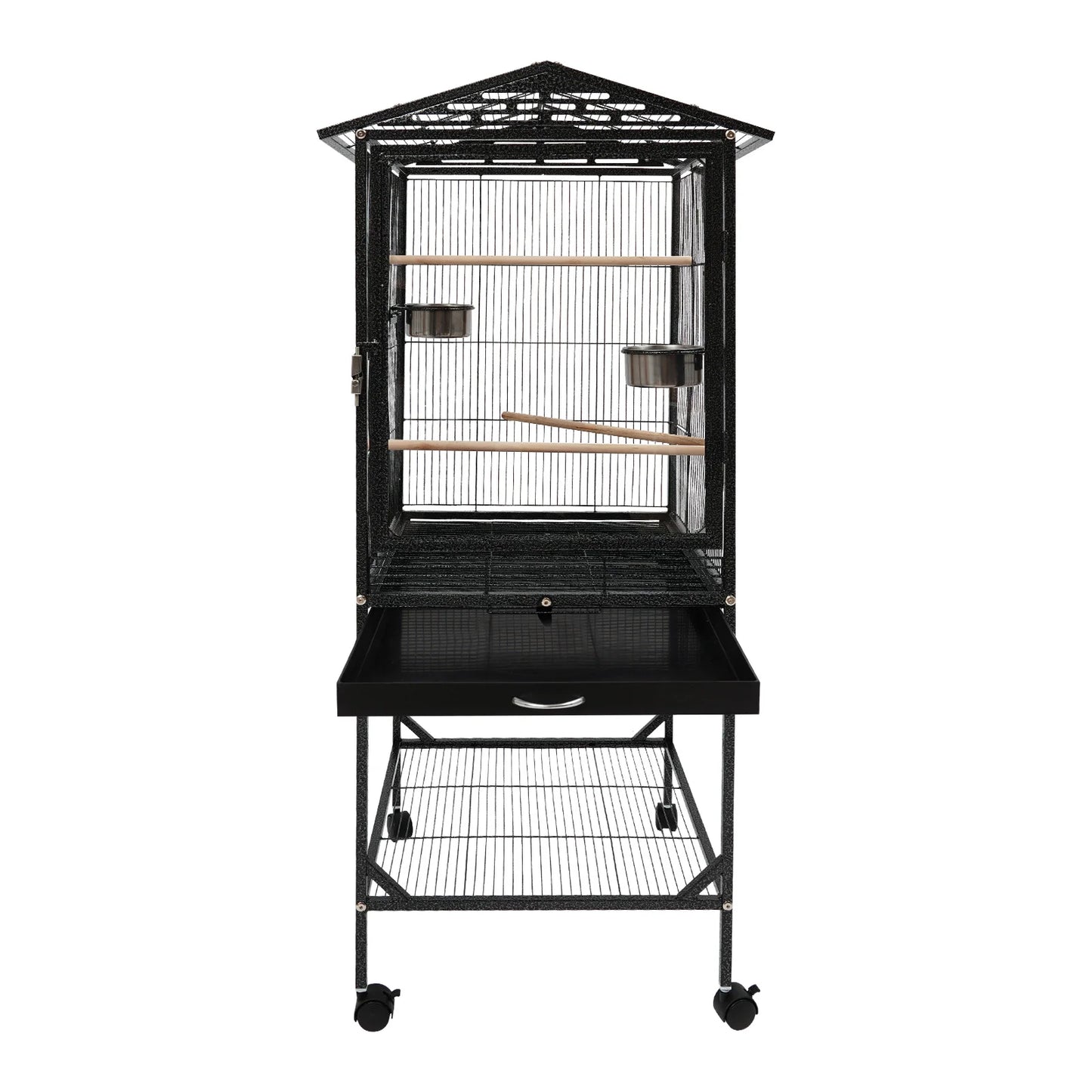 Large Black Bird Cage with Wheels, 4 Braked Wheels (2) Acid-Washed Iron 46×46×136cm Open Top for Parrots
