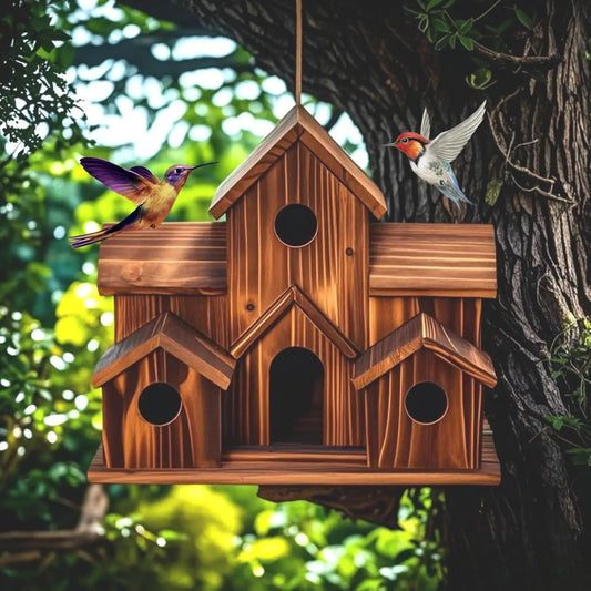 Outdoor bird house, handmade 6-hole, hanging bird house, used for gardening decoration and bird habitat