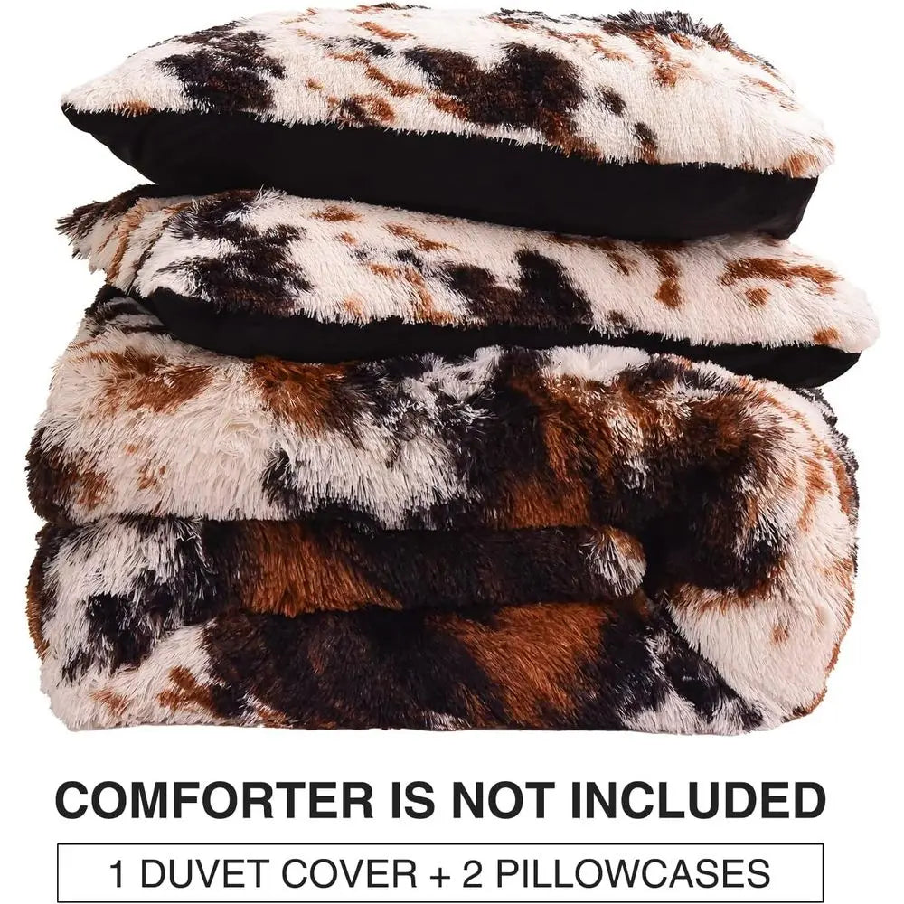 Cow Print Duvet Cover Shaggy Fluffy Tie Dye Brown Black Velvet Bedding Set Super Soft Faux Fur Fuzzy Comforter Cover with Pillow