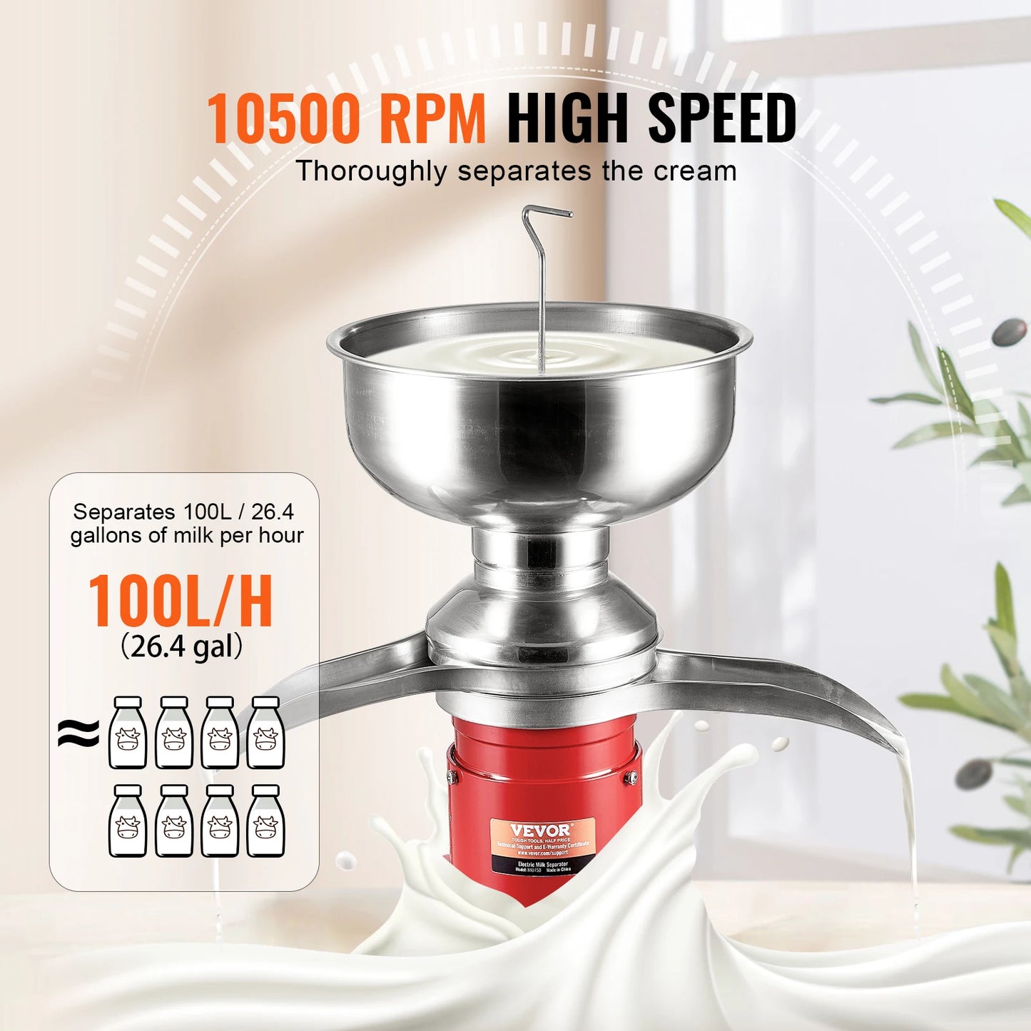 SucceBuy 304 Stainless Steel Electric Cream Separators 100L/H Output 10500RPM Goat Milk Separator 30W  5L Bowl Capacity 100-240V
