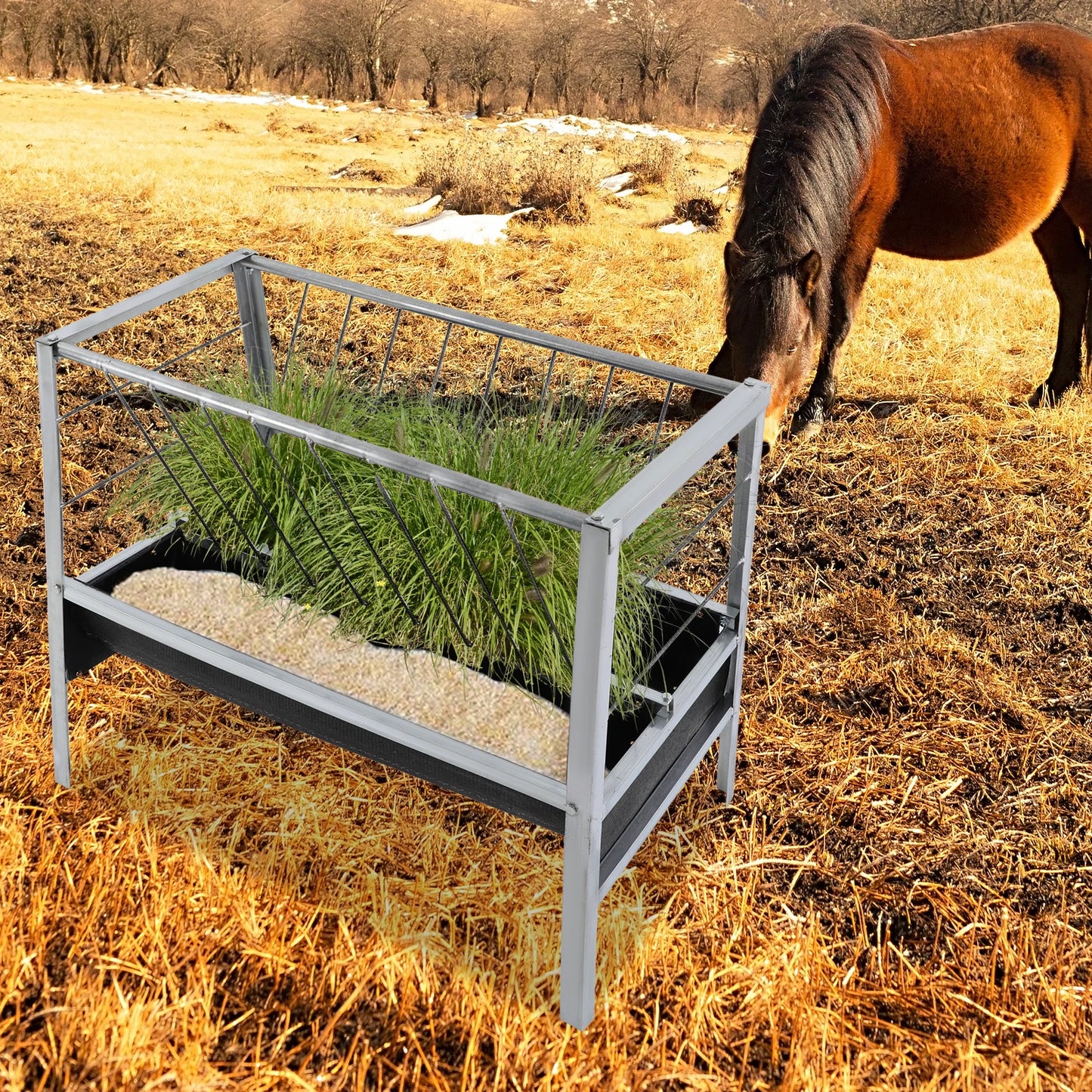 Livestock Feed Iron Trough,Silver+ Black Rectangular 2-in-1 Grain& Hay Feeder ,Floor Standing 100*65*85cm for Goats Sheep