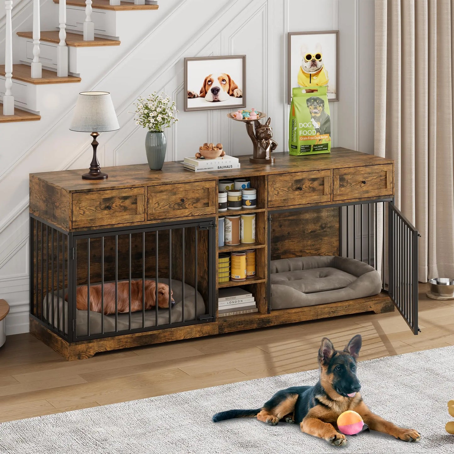 82'' Large Double Dog Crate Furniture TV Stand With 4 Drawers Shelves Heavy Duty Wooden Indoor Kennel For 2 Medium Large Dogs