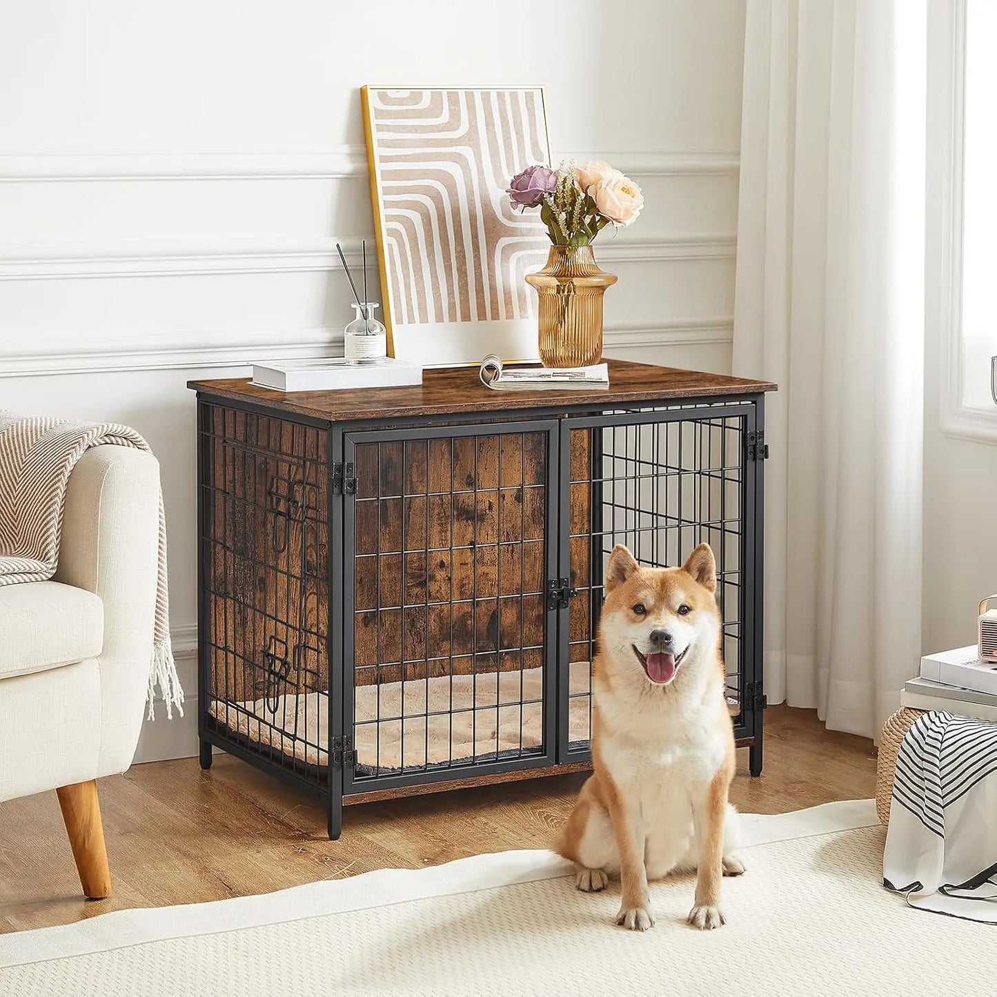 Wooden Dog Crate Furniture with Cushion, Heavy Duty Kennel End Table for Small Medium Large Dogs Indoor House