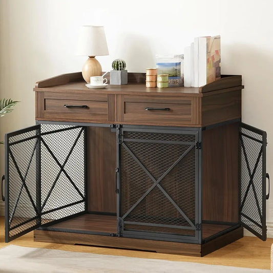 Heavy Duty Dog Crate Furniture, 39.4” Dog Kennel with Drawers, Wooden  Cage Indoor Side End Table for Medium Large Dog