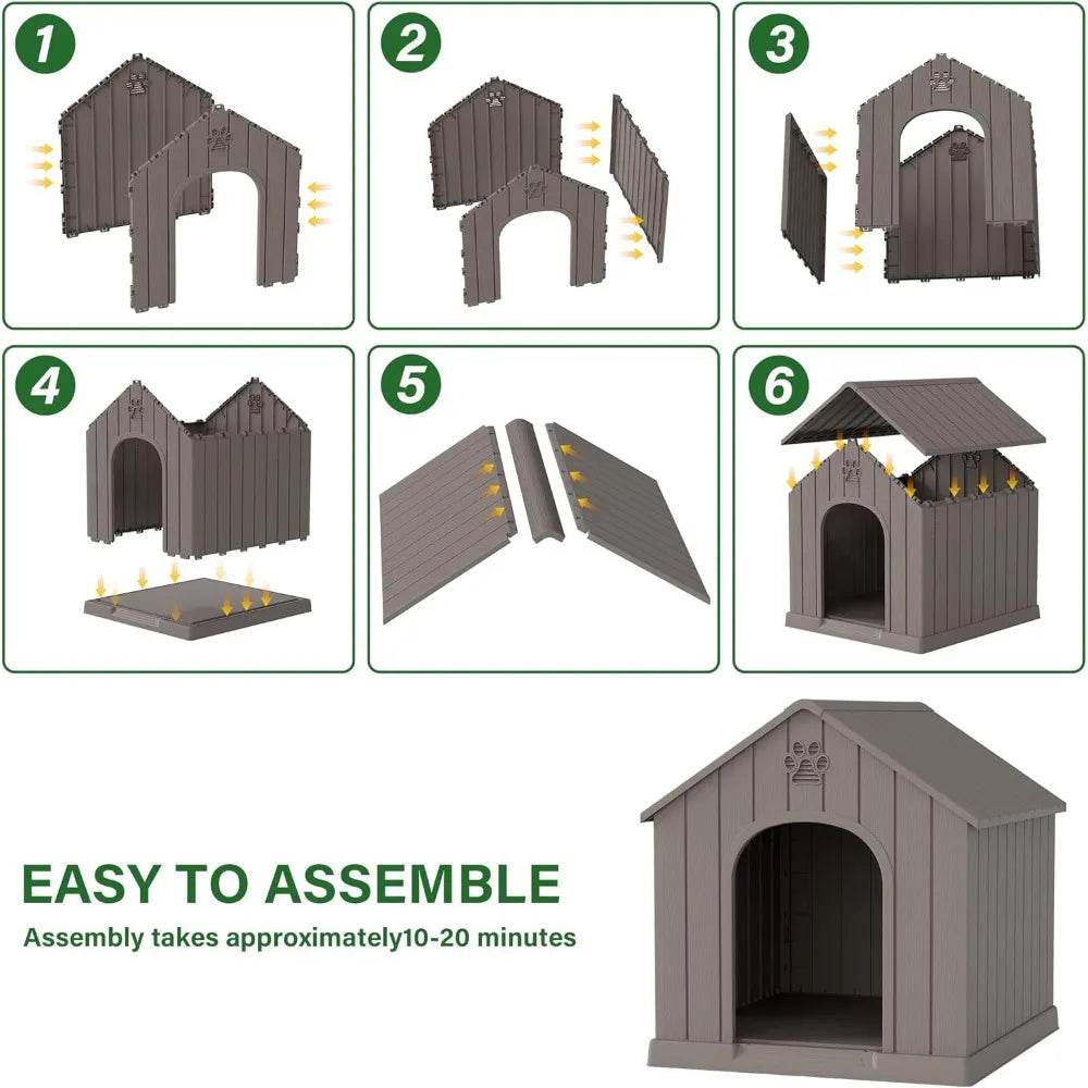 Indoor Outdoor Waterproof Dog House with Air Vents, Elevated Floor, Easy Assembly, Sturdy Puppy Shelter