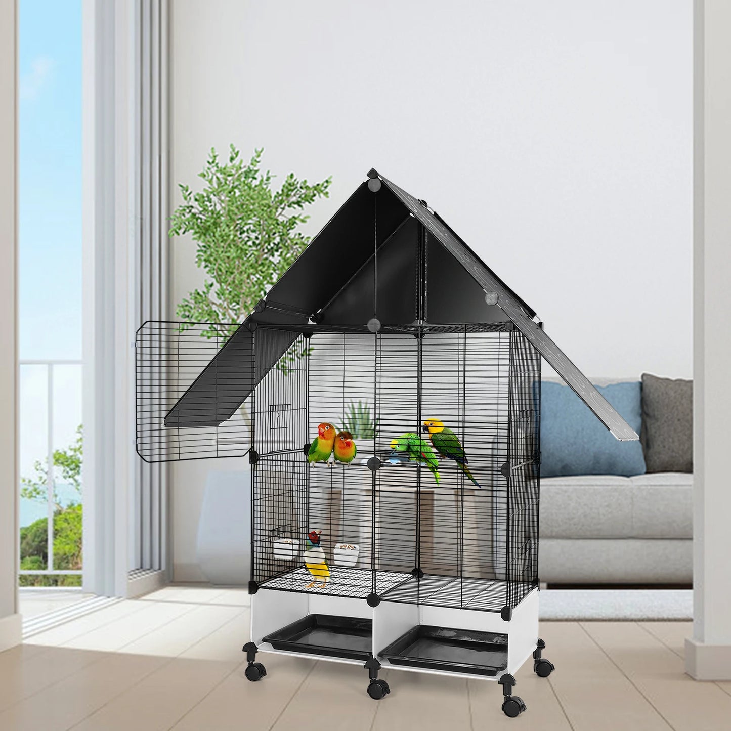 Bird Cage with Rolling Stand House Shape Bird Cage Large 2 Tier Bird Cage Bird Villa for Canary Finch Budgie Lovebirds