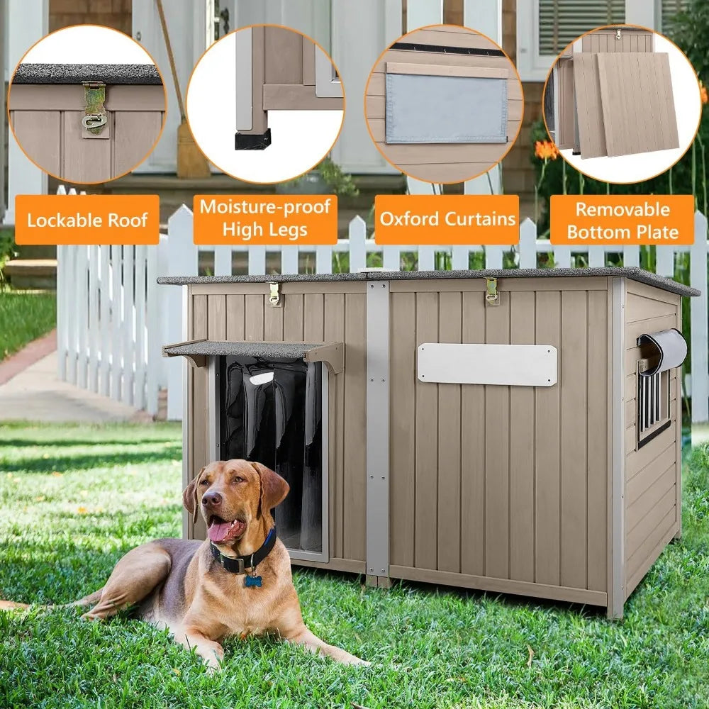 Extra Large 55L Dog House - Outdoor Weatherproof with Anti-Chewing Frame, Waterproof Indoor Dog Kennel Shelter with Removable Co