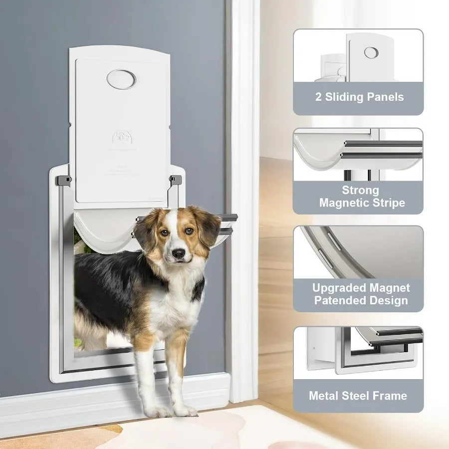 Energyefficient steel dog door for wall installation with telescoping tunnel and durable steel frame featuring double magnetic
