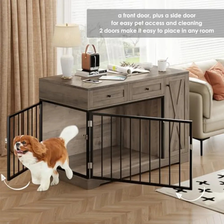 Farmhouse Dog Crate Furniture 47W x 34H Wooden Indoor Dog Cage with 2 Drawers and Storage Cabinet Rustic Style for Small and Me