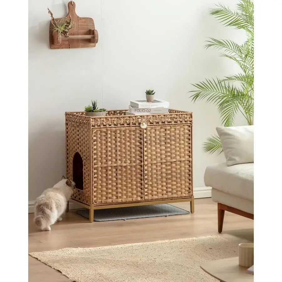 Litter Box Enclosure Furniture, Hidden Handwoven Rattan Litter Box with Mat, Large Cat House with Metal Heightened Feet, 30.3 x