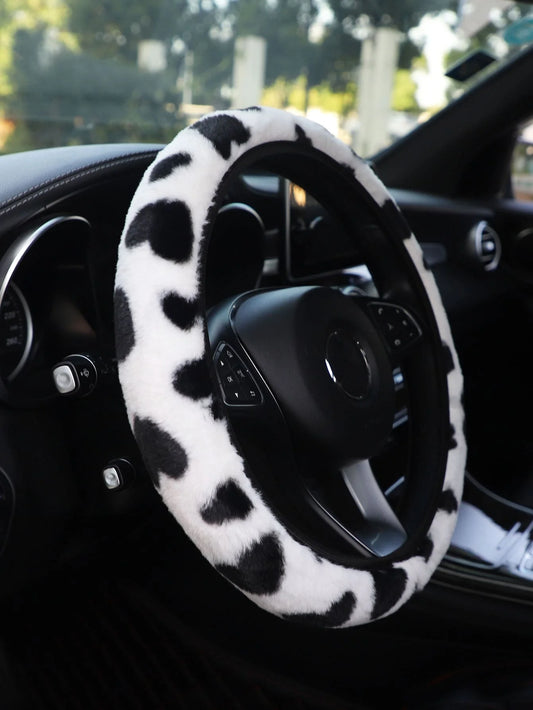 Plush Cow Print Steering Wheel Cover for Winter Car Interior, Soft & Warm Grip