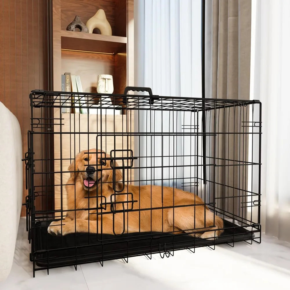 Dog Crate, 48 Inch Large Dog Cage with Divider and Plastic Leak-Proof Pan Tray, Double Door Folding Metal Wire Cage for Indoor,