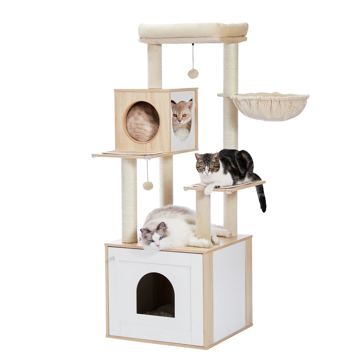 Cat Tree with Litter Box Enclosure Large Wood Cat Tower with Storage Cabinet and Cozy Cat Condo Sisal Covered Scratching Post