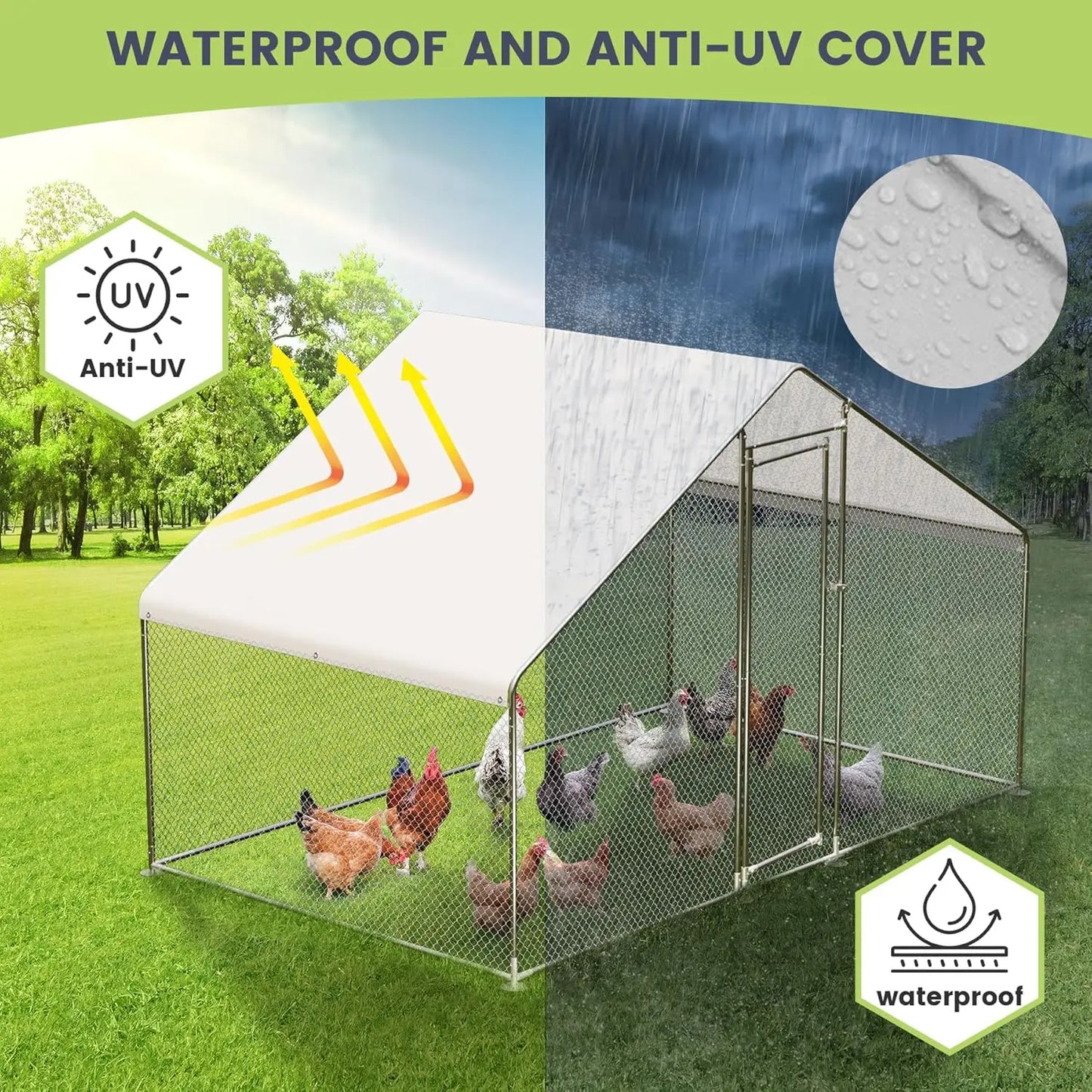 Large Metal Chicken Coop, Walk-in Poultry Cage, Chicken House with Waterproof and Anti-Ultraviolet Cover for Outdoor Yard Farm