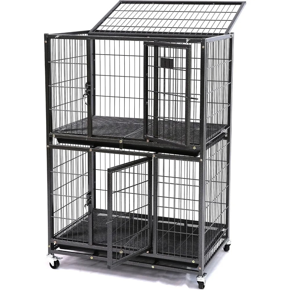 31 Inch Stackable Heavy Duty Dog Crate Cage Kennel with Four Lockable Wheels, Removable Tray, Escape Proof Wire Drop Dog Crates