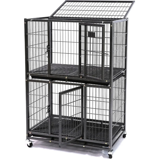 31 Inch Stackable Heavy Duty Dog Crate Cage Kennel with Four Lockable Wheels, Removable Tray, Escape Proof Wire Drop Dog Crates