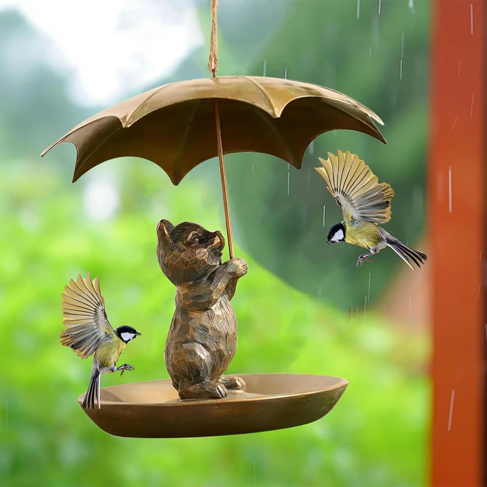 Squirrel/Cat/Dog Animal Bird Feeder Animal Holding Umbrella Metal Bird Feeders Hanging Bird Feeder Dish for Yard Patio Landscape
