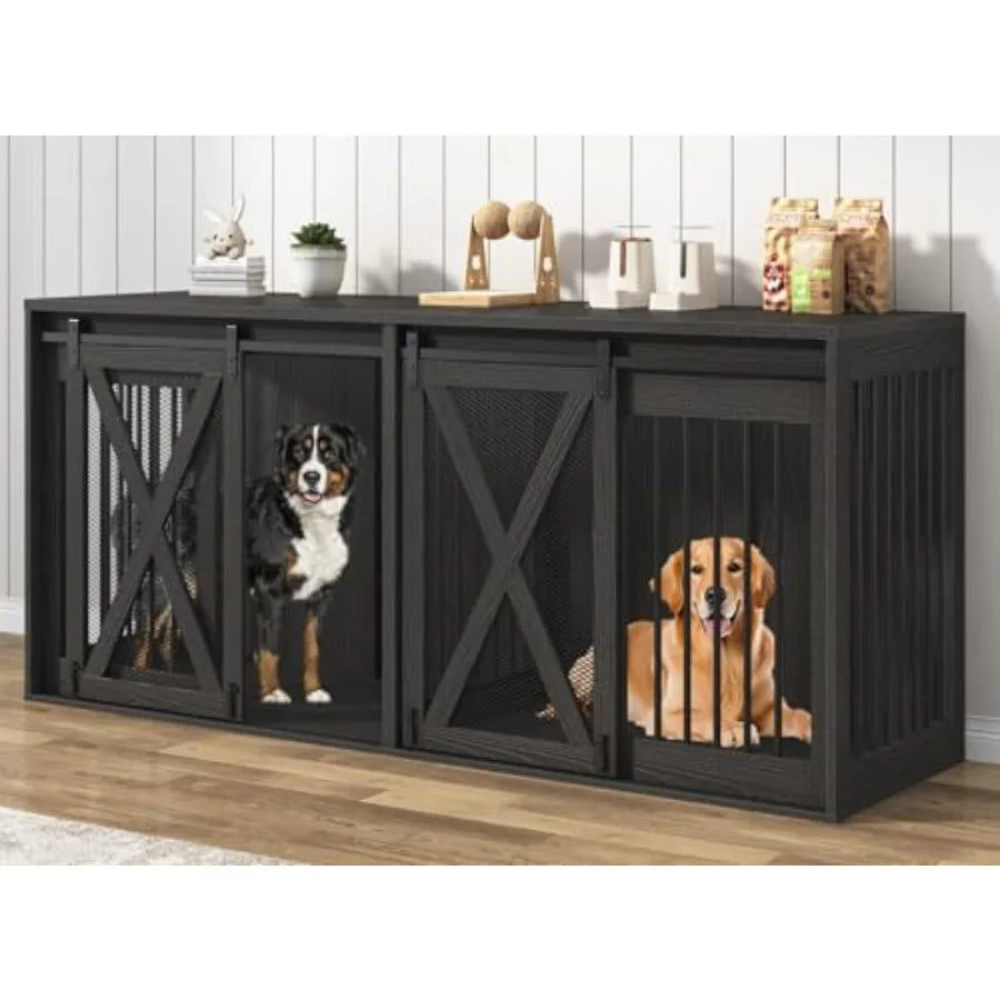 78.7 XXL Dog Crate Furniture for 2 Large Dogs Heavy Duty Double Dog Cage Large Breed 35.4 Tall Thick Wooden Dog Kennel TV Stand
