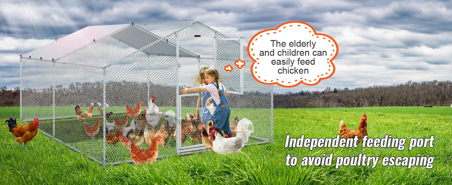 Large Metal Chicken Coop with Run, Walkin Poultry Cage for Yard with Waterproof Cover, 13.1 x 9.8 x 6.4 ft Dome Roof for Hen