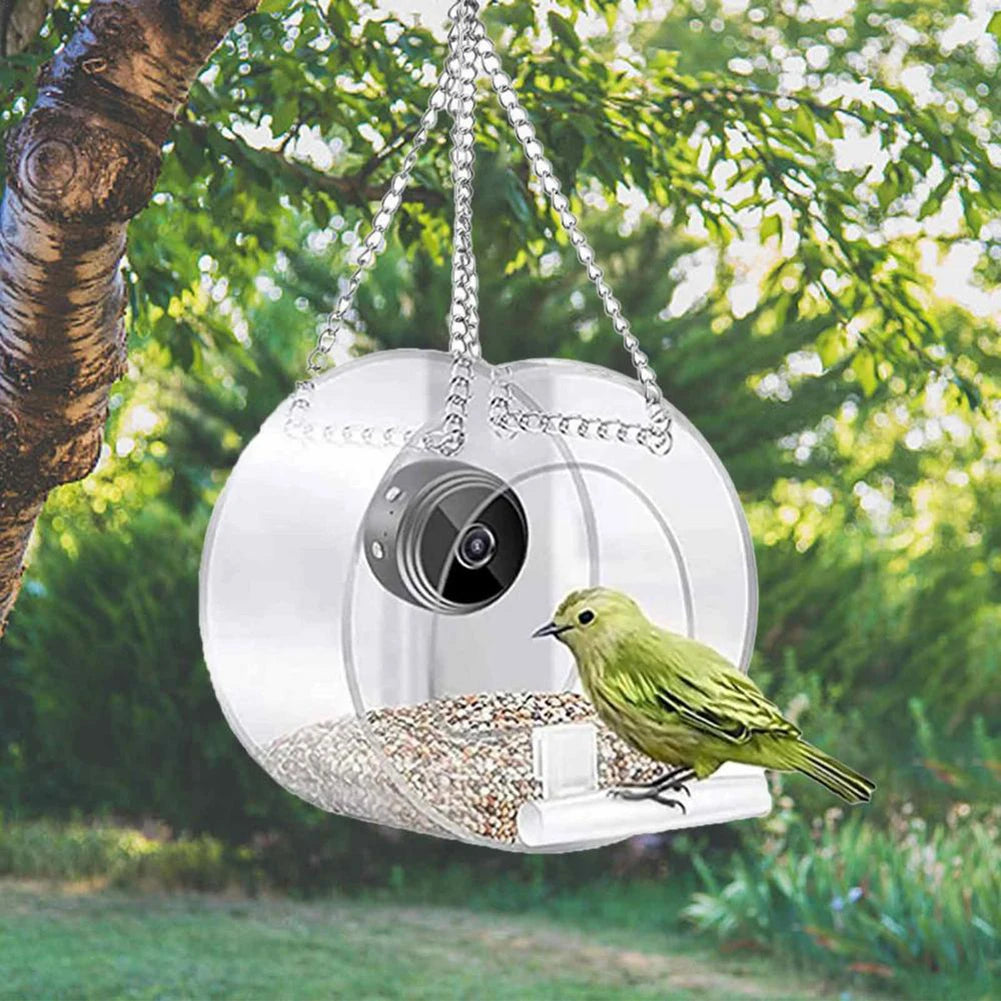 Smart Bird Feeder Acrylic with Camera Birds Hanging Feeder Transparent 1080P HD Easy Installation for Outdoor Garden