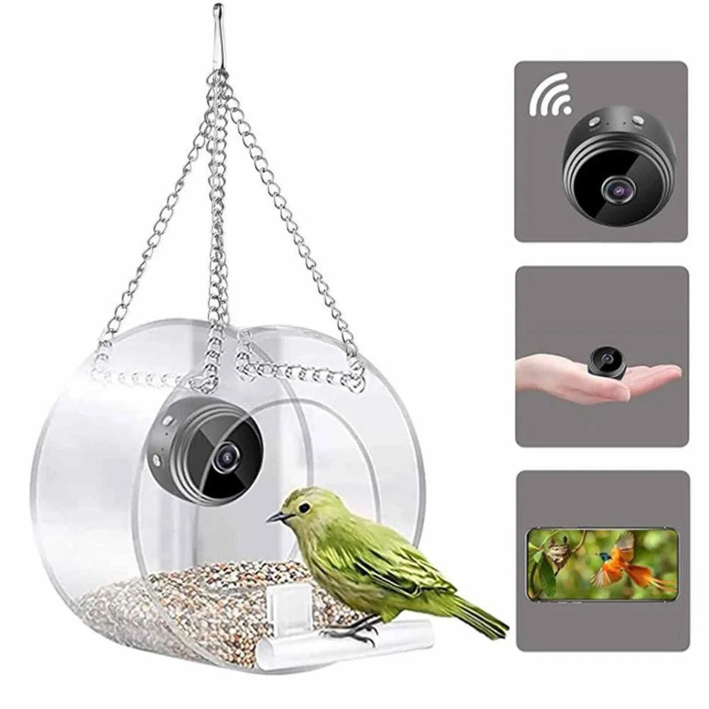 Smart Bird Feeder Acrylic with Camera Birds Hanging Feeder Transparent 1080P HD Easy Installation for Outdoor Garden