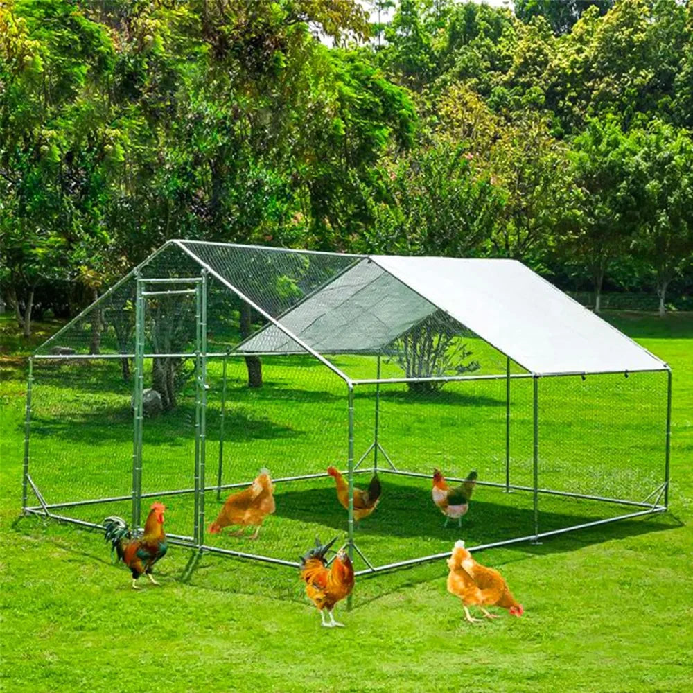 Large Metal Chicken Run Walk-in Poultry Cage Spire-Shaped Chicken Coop with Waterproof and Anti-Ultraviolet Cover for Outside,Ba