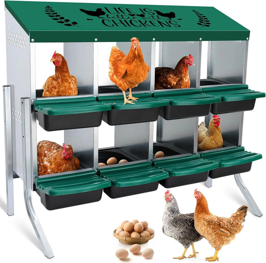8-10 Chicken Nesting Box, Roll-Away Egg Collection System with Ventilation Holes, Chicken Laying Box for Hen & Duck