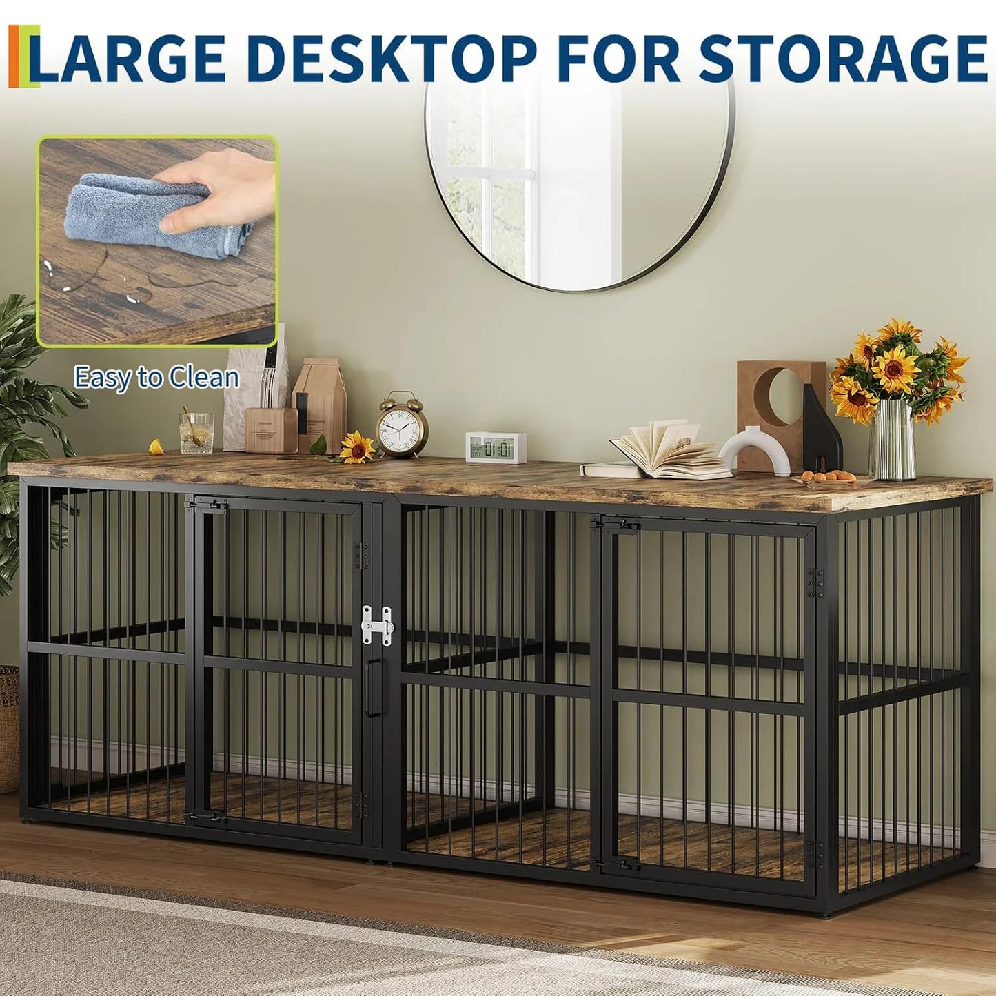87" Extra Large 3 Lockable Doors Double Dog Crate Furniture With Divider Heavy Duty Wooden TV Stand Kennel For 2 Dogs