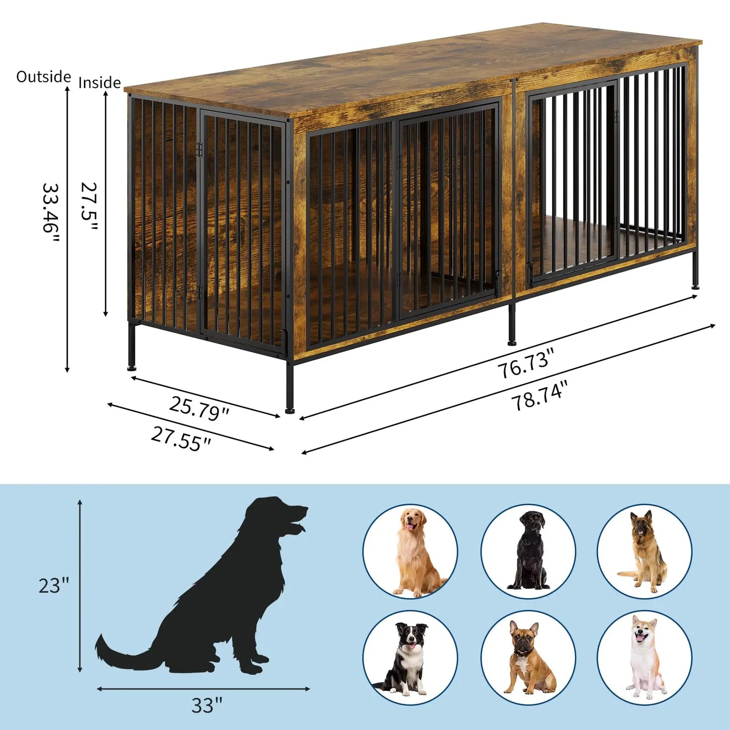 78.74" XL Double Dog Crate Furniture Heavy Duty Kennel With Removable Divider For 2 Dogs Indoor Dog Crate As TV Stand