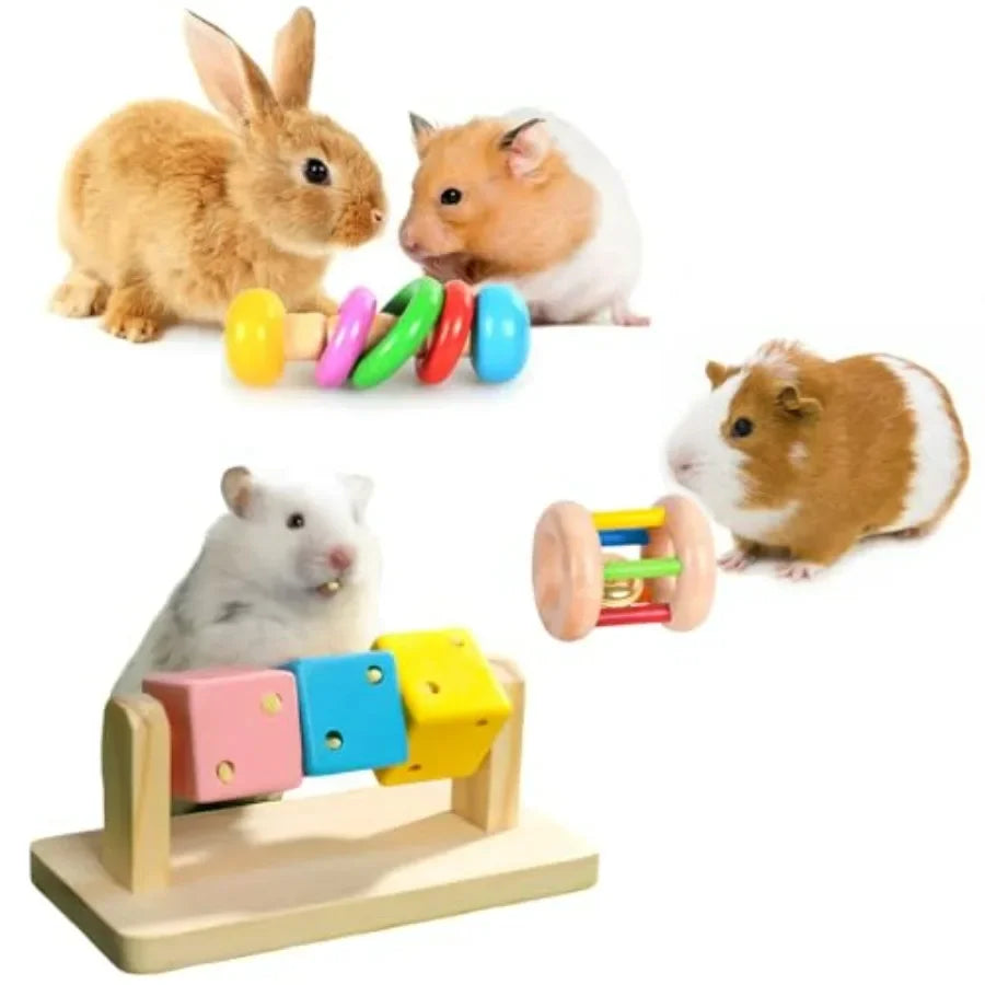 3 Pcs Wooden Hamster Toys Safe EcoFriendly Rabbit Toys BiteResistant Guinea Pigs Toys for Chinchillas Hamsters Small Animals Pl