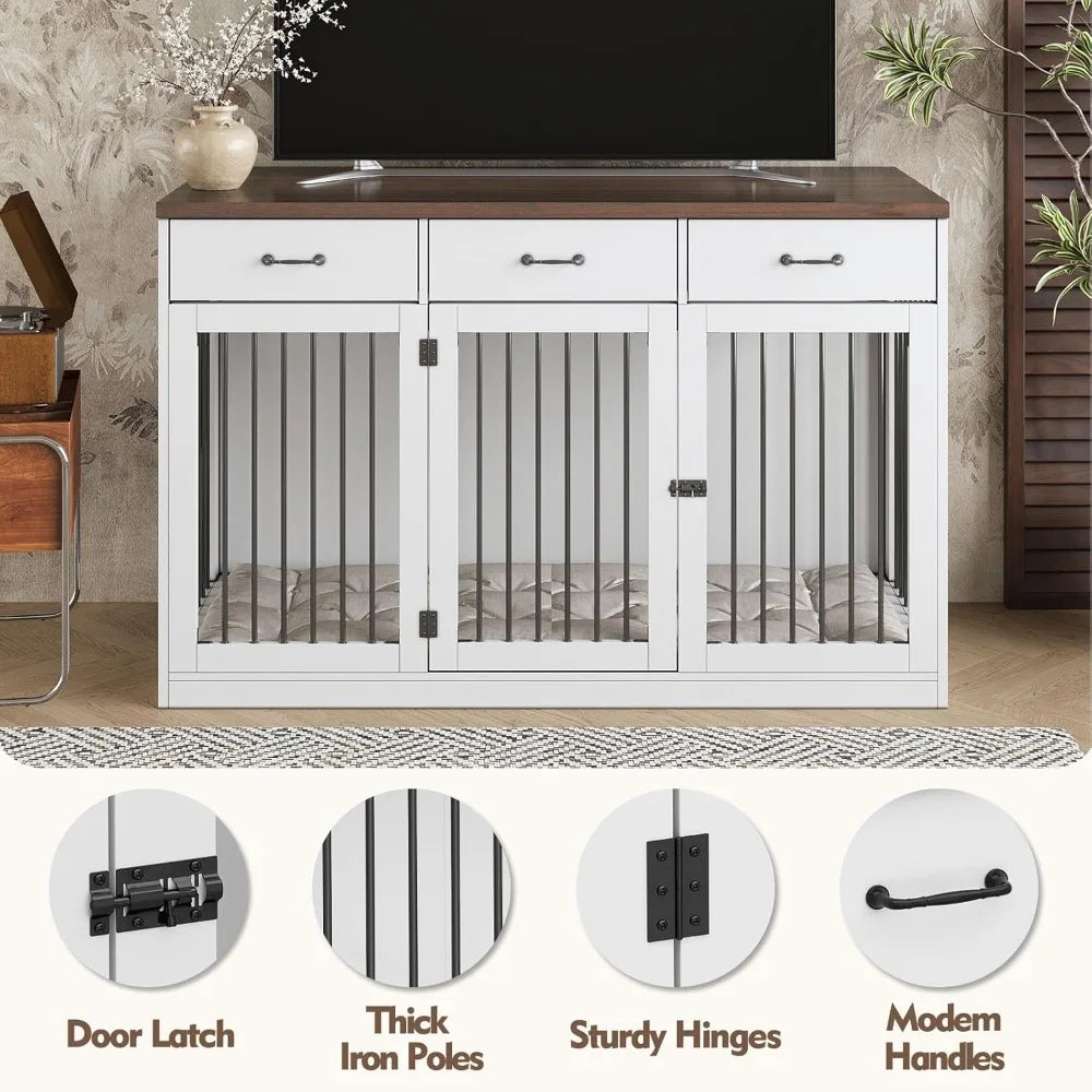 Extra Large Dog Crate Furniture, Indoor Heavy Duty Dog Kennel House with 3 Drawers, Furniture Dog Crate Side End Table TV Stand