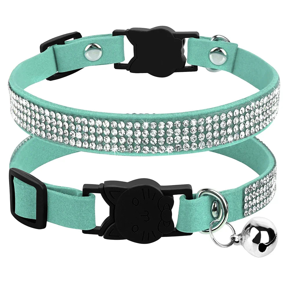 Rhinestone Bling Soft Pink Suede Cat Collar with Bell Safety Breakaway Buckle Adjustable XS/S Sizes for Kitten