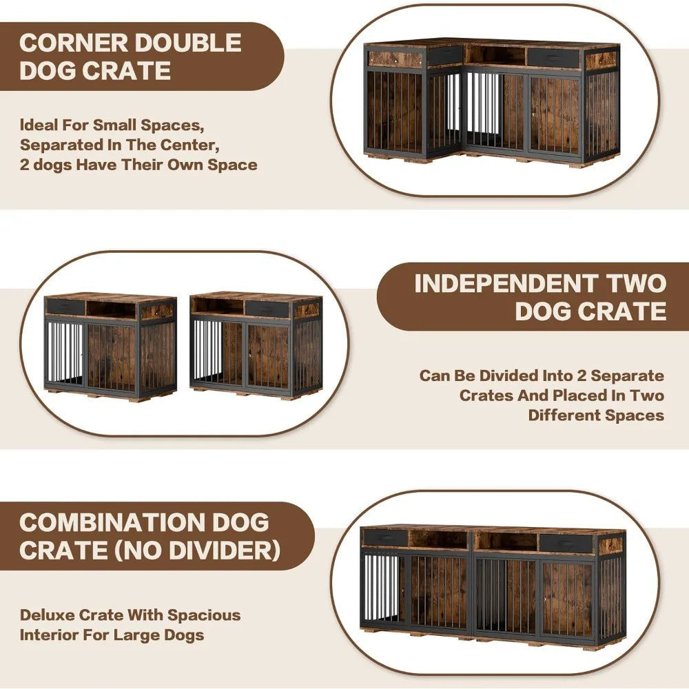 Corner Dog Crate Furniture,85.4" Metal Frame L Shaped Furniture-Style Double Dog Kennel for 2 Dogs with Divider and 2 Fabric Dra