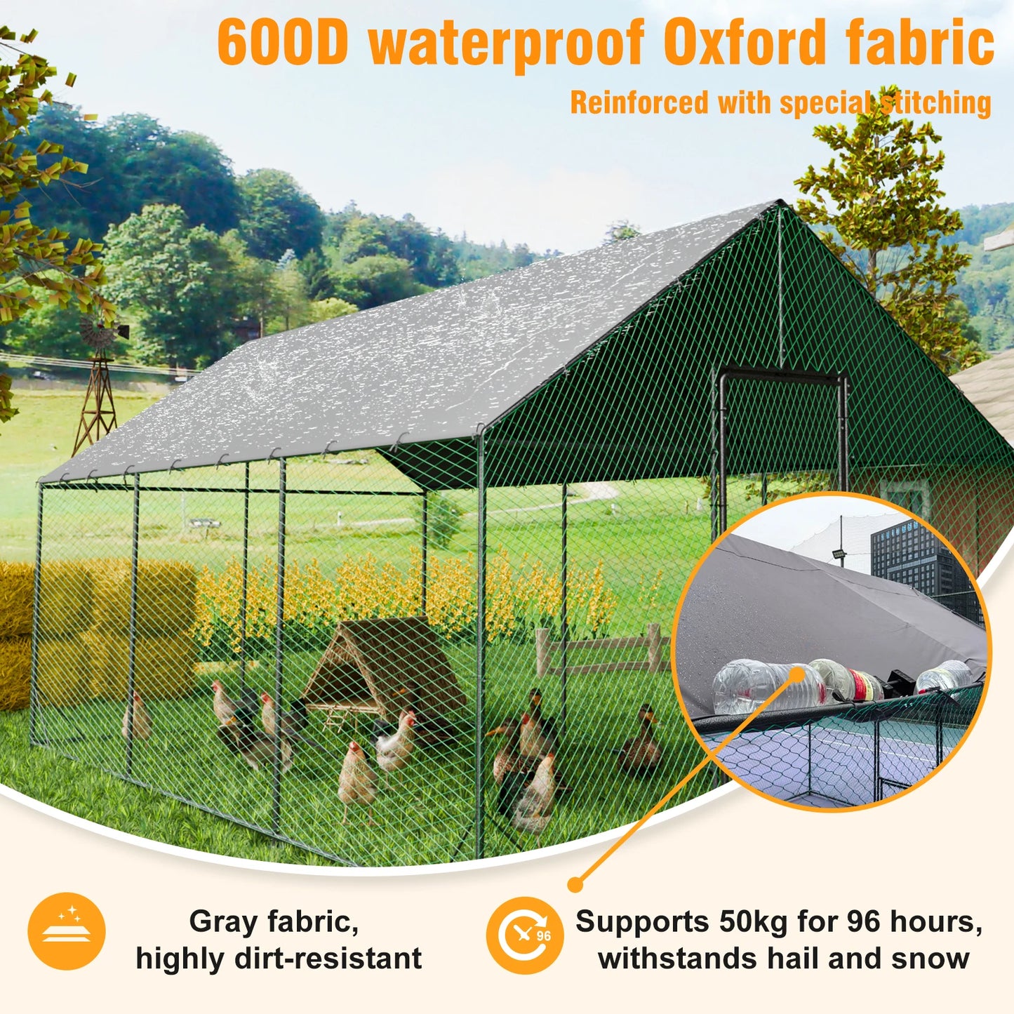 Large Outdoor Upgrade Metal Chicken Coop Walk-in Poultry Run Pen Cage Pet Duck Hen House with Nylon Netting and Cover for Yards
