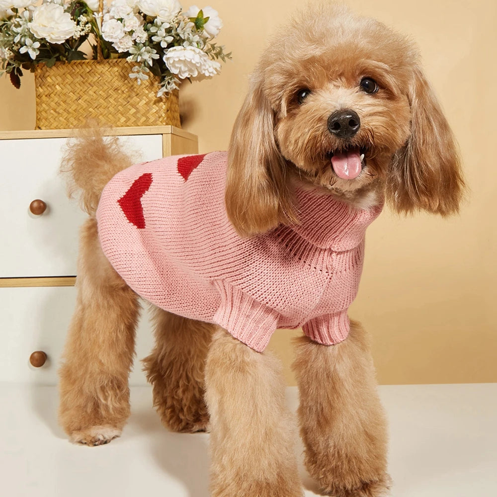 Cute Dog Sweater Heart Pattern Warm Pet Jumper Cat Puppy Coat Jacket Winter Clothes High Collar Knitwear For Cat Small Big Dog