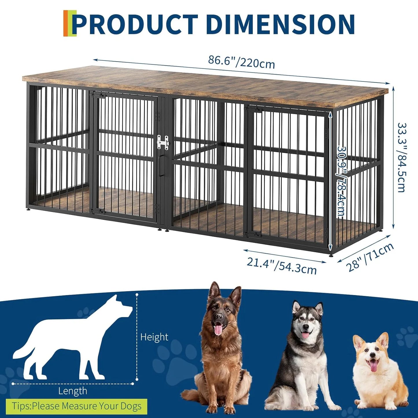 87" Extra Large 3 Lockable Doors Double Dog Crate Furniture With Divider Heavy Duty Wooden TV Stand Kennel For 2 Dogs