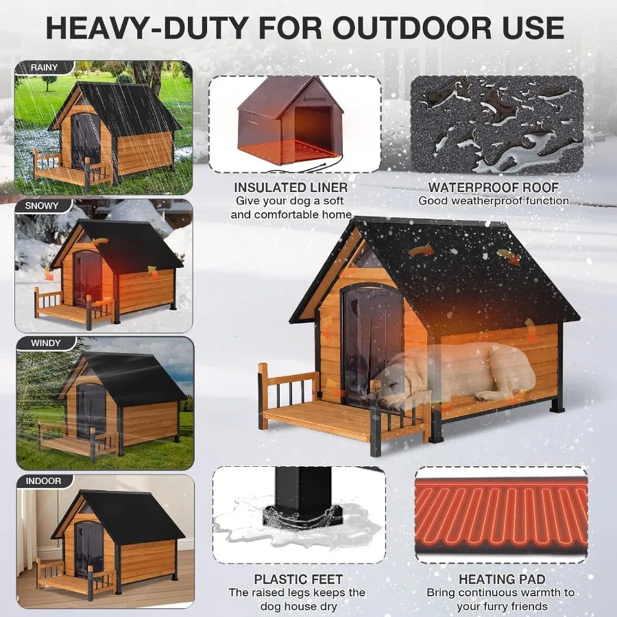 Heated Dog House Outdoor with Heating Pad Weatherproof Dog Kennel for Outside with Anti-Chewing Iron Frame for Winter Warm Pupp