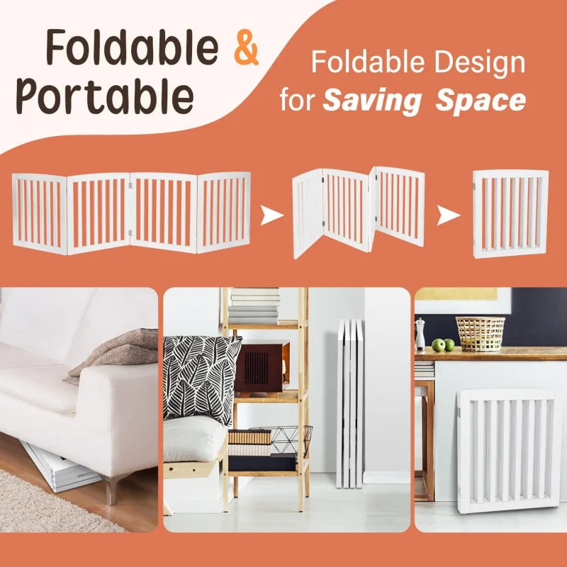 24 Inch White Wooden Pet Gate 4 Panel Foldable Z Shape