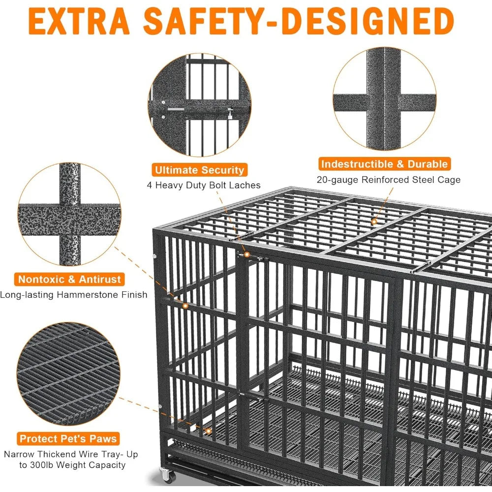 48/42/38 inch Heavy Duty Indestructible and Escape-Proof Dog Crate Cage Kennel for Large Dogs, High Anxiety Dog Crate with Remov