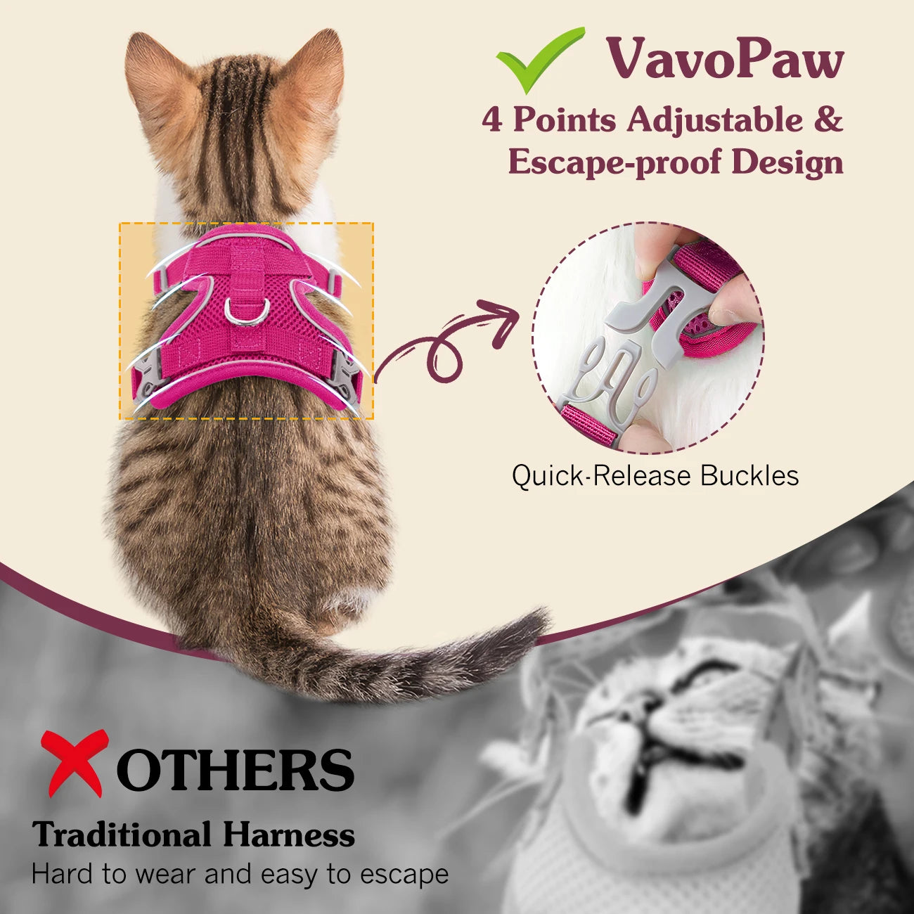VavoPaw Cat Harness and Leash Set for Walking Adjustable Kitten Vest Harness with Reflective Strip Breathable Mesh Cat Harness