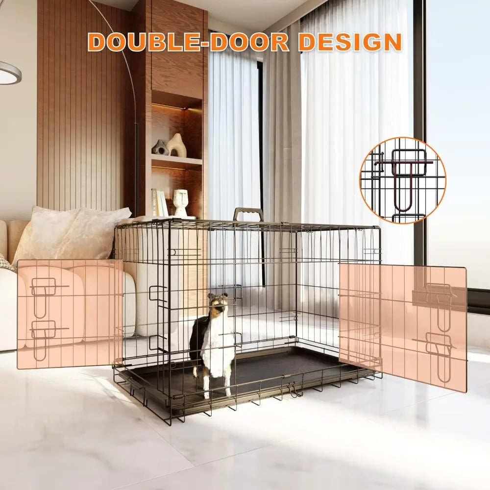 Dog Crate, 48 Inch Large Dog Cage with Divider and Plastic Leak-Proof Pan Tray, Double Door Folding Metal Wire Cage for Indoor,