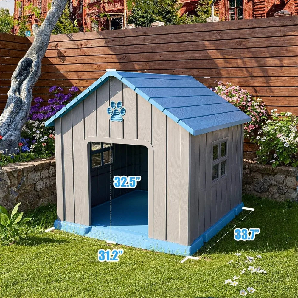 Indoor Outdoor Dog House Kennel, Peaked Deck Design, Waterproof and Warm Shelter for Dogs, Grey Blue Color