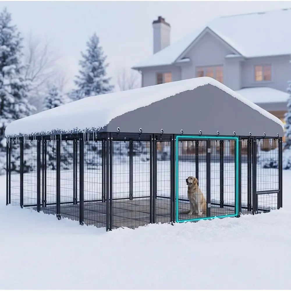 10x10FT Dog Kennel Outside Double Door Outdoor with Feeding, Heavy Duty Dog Crate Durable Cage with Roof & Double Lock