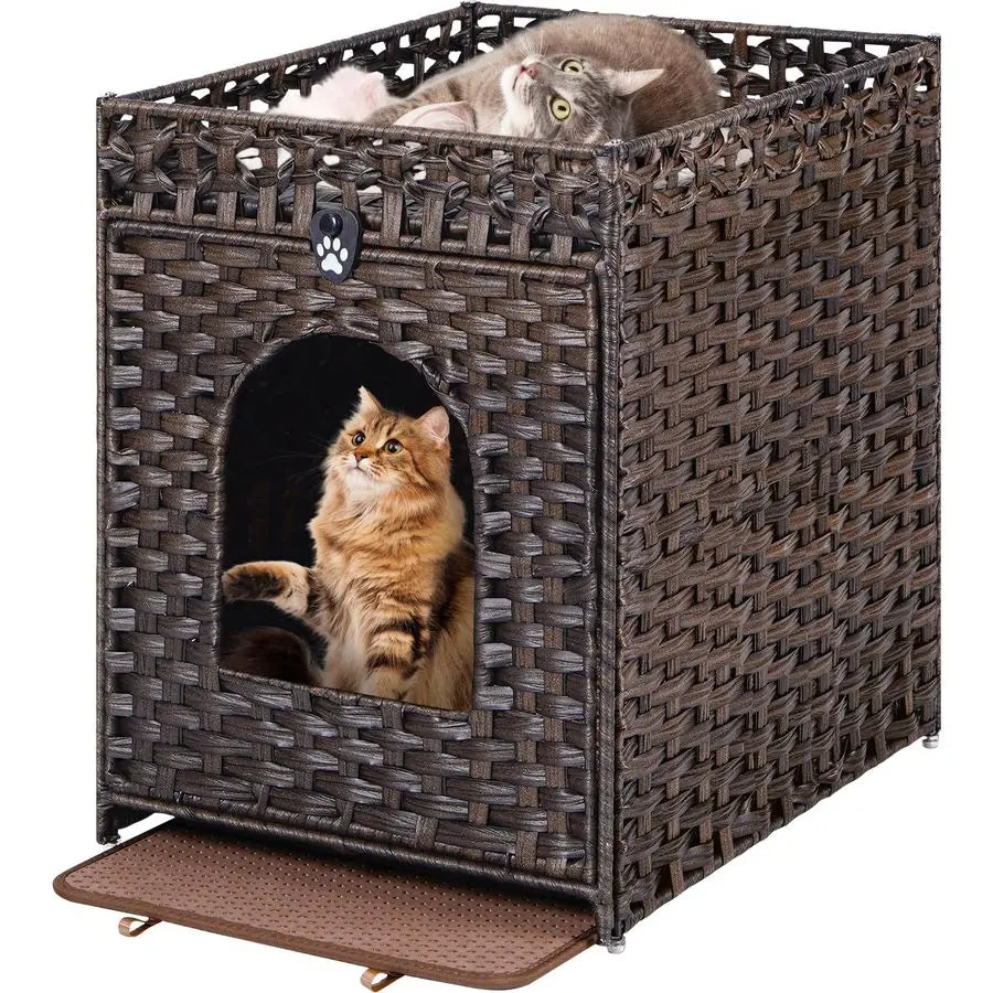 Cat Litter Box Enclosure Furniture Hidden with Litter Mat, Hidden Cat Washroom Furniture with Door, Handwoven Rattan Cat Washroo