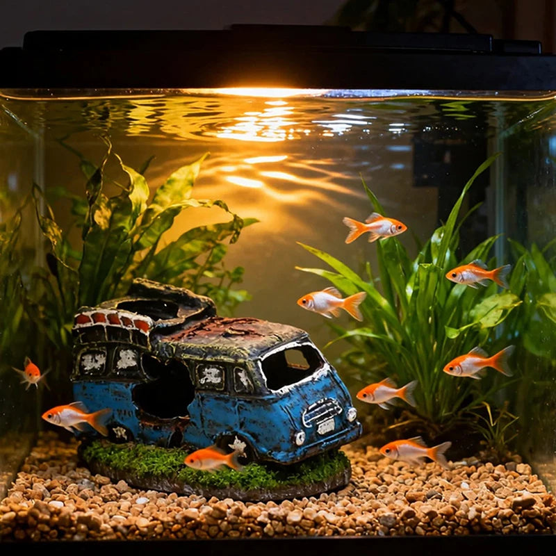 Car Wreck Fish Tank Decor, Fun Aquarium Ornament with Hiding Caves, Creates an Underwater Adventure for Your Fish