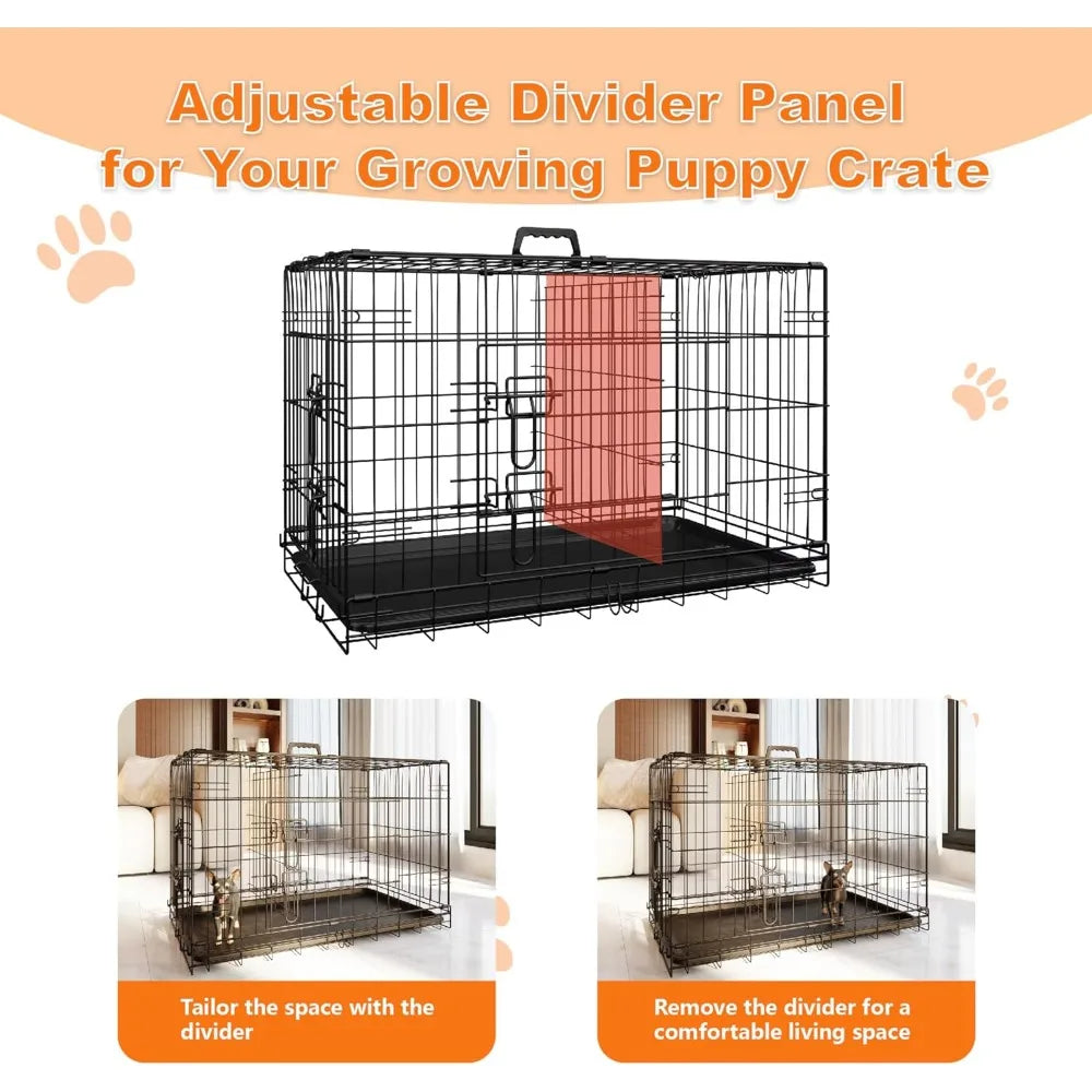 Dog Crate, 48 Inch Large Dog Cage with Divider and Plastic Leak-Proof Pan Tray, Double Door Folding Metal Wire Cage for Indoor,